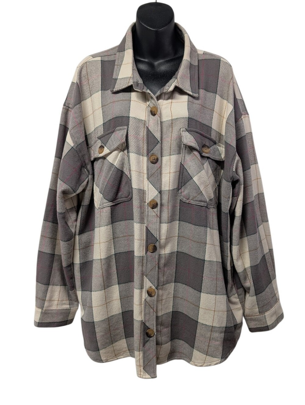 Maurices Women's Plaid Flannel Grey Cream Pink Oversized XXL Cotton Button Up